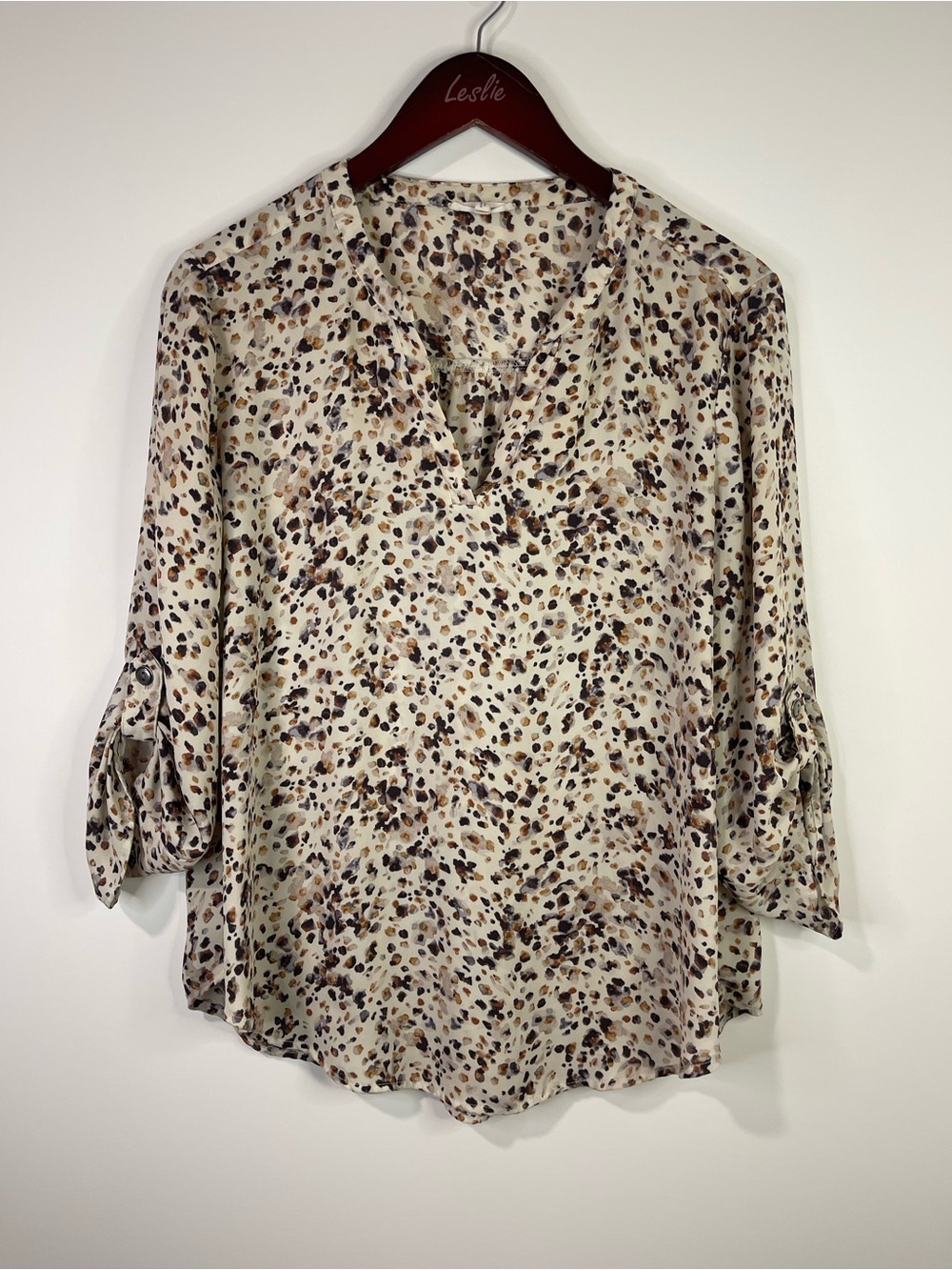 Maurices Cream polka dots Print V-Neck Roll-Sleeve Blouse